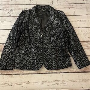 Pamela McCoy Women's Large Black Silver Leopard Print Collared‎ Leather Jacket